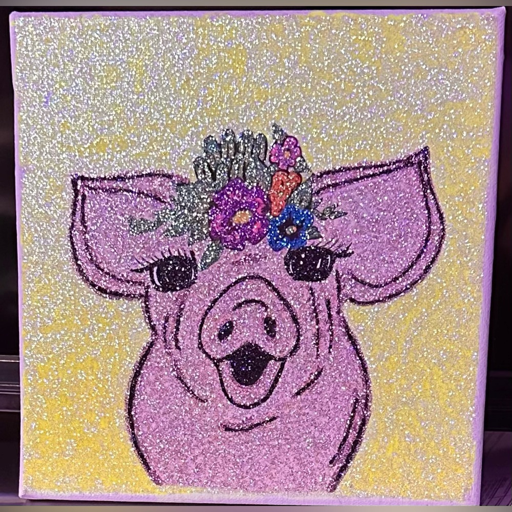 Original Pig Artwork | Glitter Canvas | One of a Kind | 8x8 canvas
